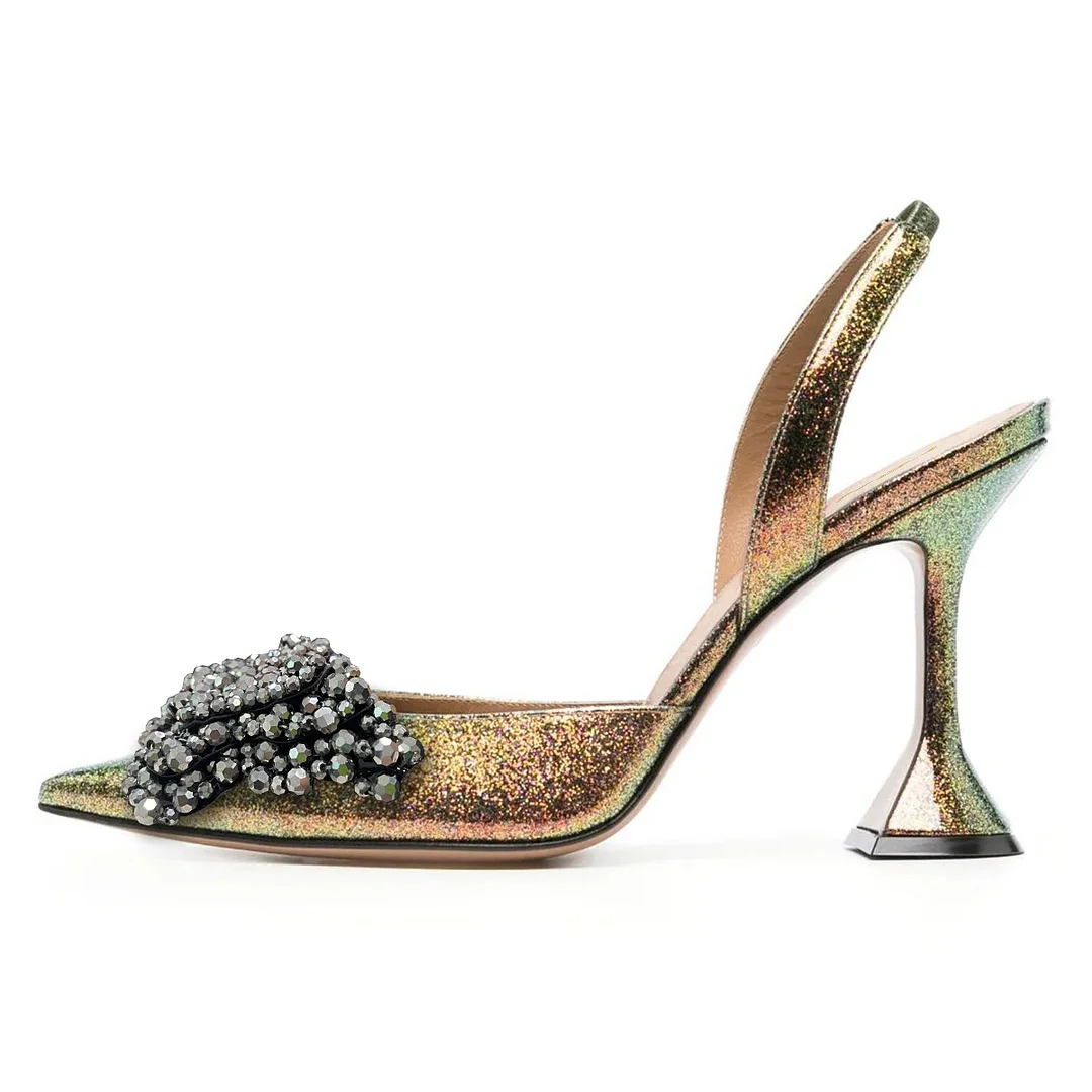 Green Iridescent Glitter Rhinestone Butterfly Ponited Toe Heels