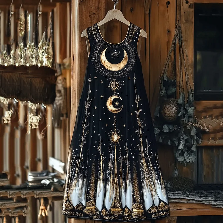Women's Star And Moon Embroidery Pattern Art Print Cotton And Linen Dress