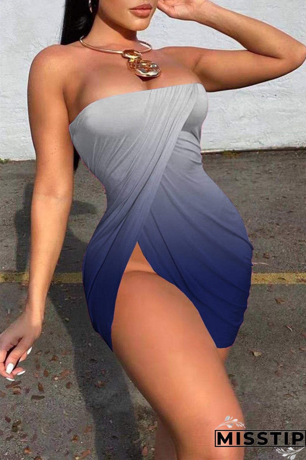 Colorful Blue Sexy Print Backless Asymmetrical Strapless Sleeveless Dress