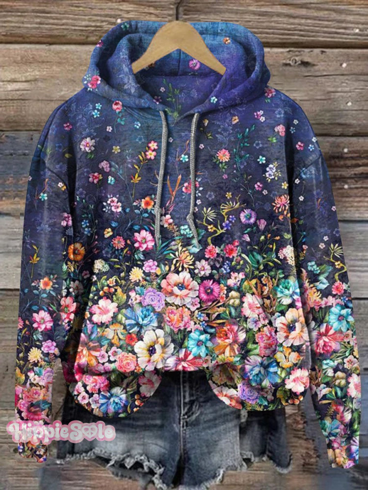 Vintage Floral Art Print Casual Hoodie Multicolor / S