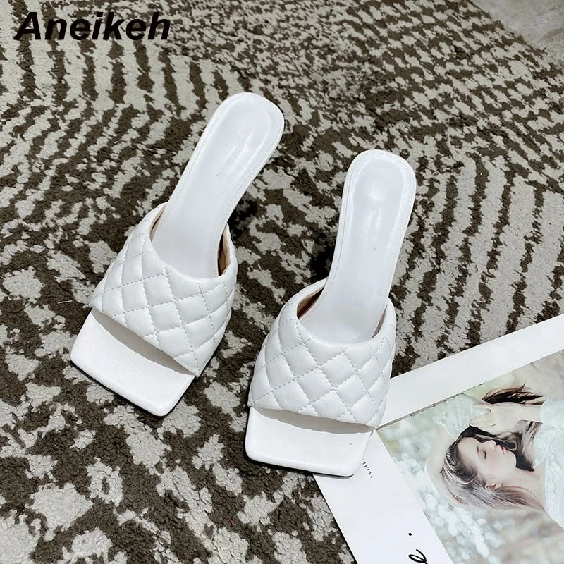 Aneikeh NEW Sexy PU Diamond Square Head Peep Toe Thin High Heels Slippers Summer Fashion Slip On Slides Women Mules Party Shoes
