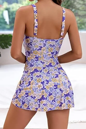 Women's Floral One Piece Swimdress Tummy Control Swimsuit 
