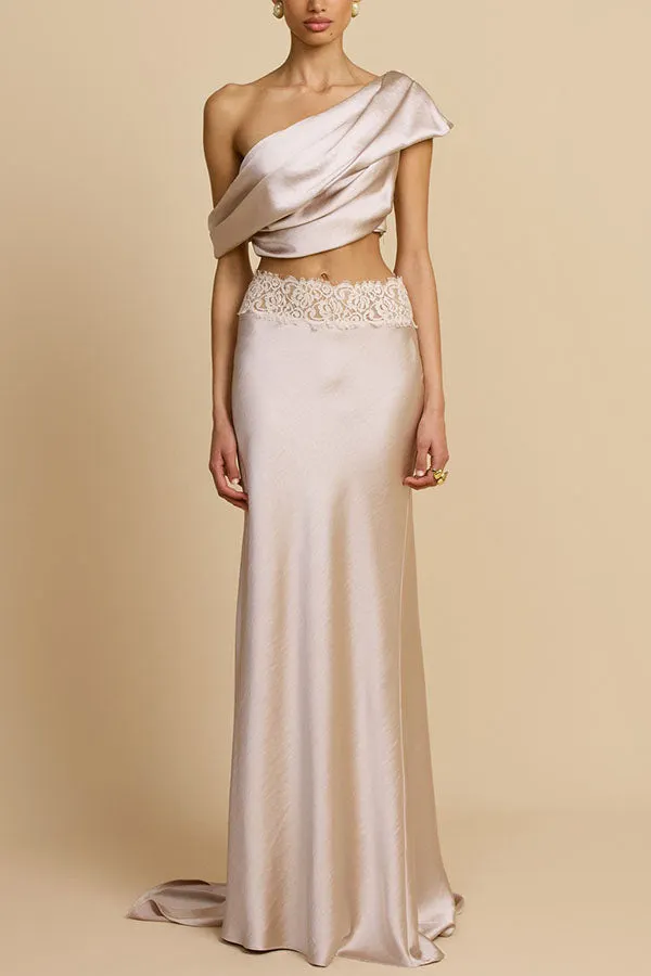 Anaya Satin Asymmetrical Off Shoulder Cropped Top and Lace Trim High Rise Maxi Skirt Set