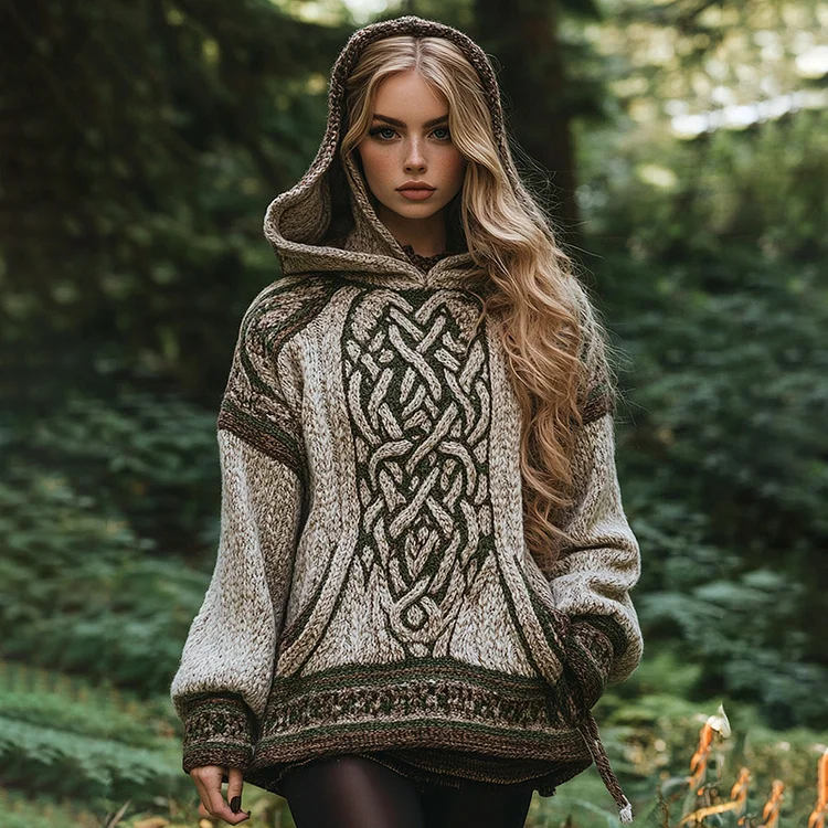 Women's Irish Celtic Knotted Jacquard Pocket Hooded Sweater
