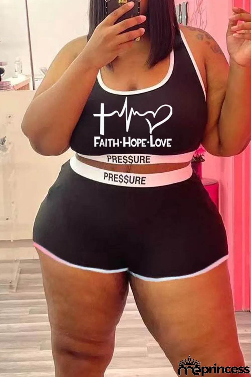 Black Casual Street Print Split Joint U Neck Plus Size Two Pieces