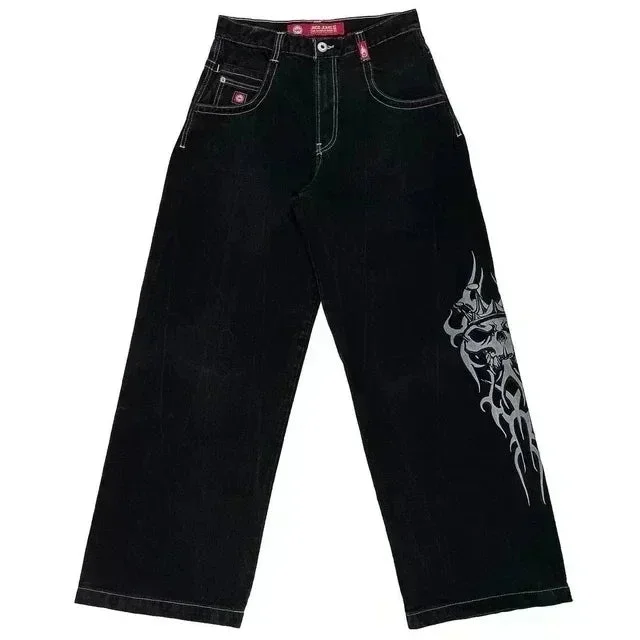 Aonga Y2K Jeans Gothic Hip Hop Big Pocket Embroidery Baggy Jeans Harajuku Casual Pants Mens Womens Black Wide Leg Jeans Trousers aonga