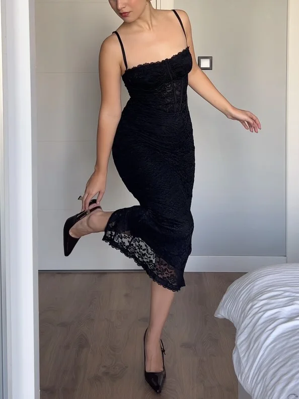 Lace Suspender Midi Dress