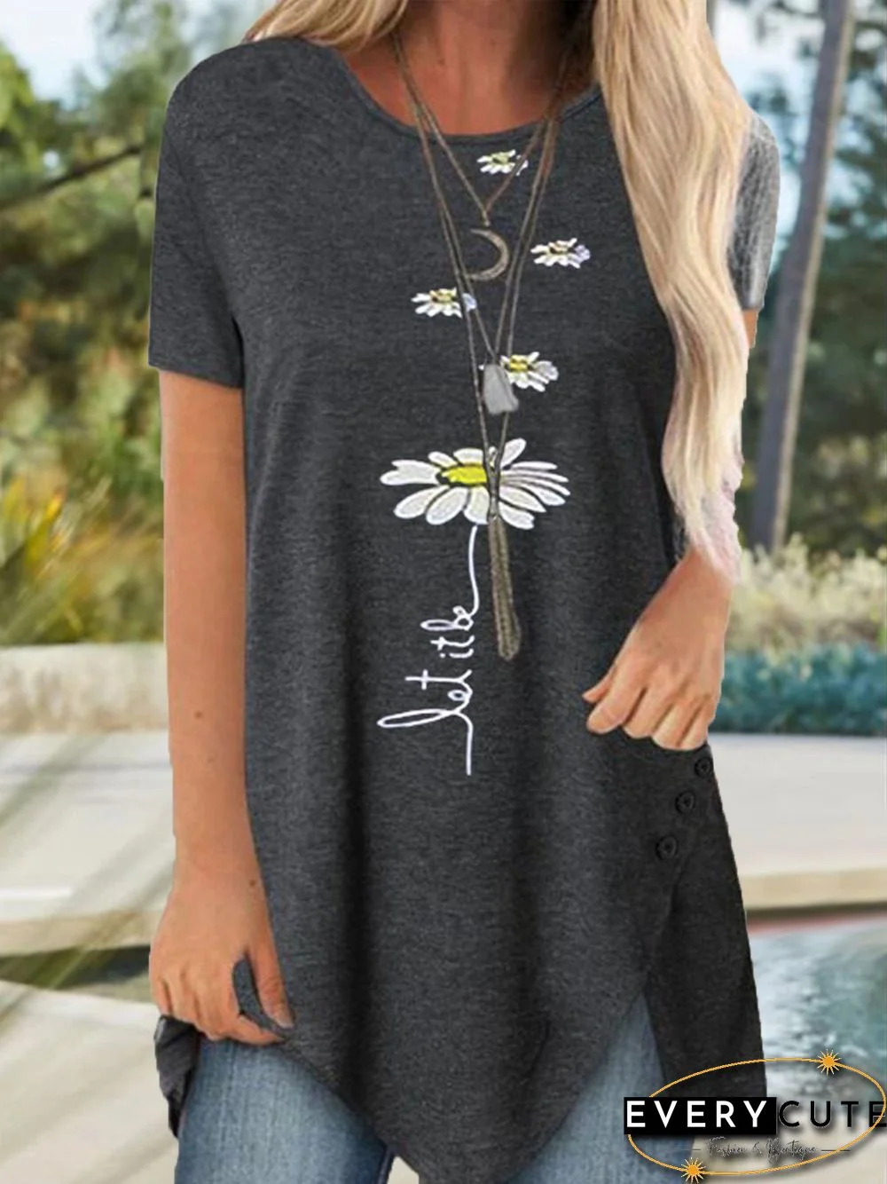 Vacation Floral Letter Loosen Crew Neck TunicShort Sleeve T-Shirt