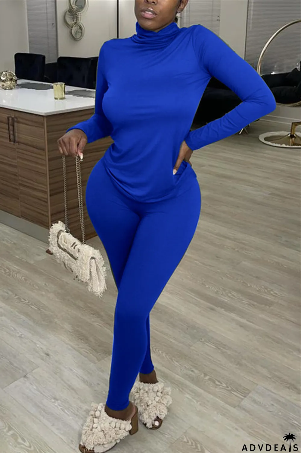 Blue Casual Solid Basic Turtleneck Long Sleeve Two Pieces