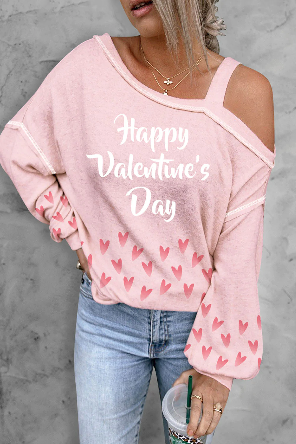 PINK VALENTINE'S DAY HEART-SHAPE ASYMMETRICAL NECK SHIFT CASUAL T-SHIRT