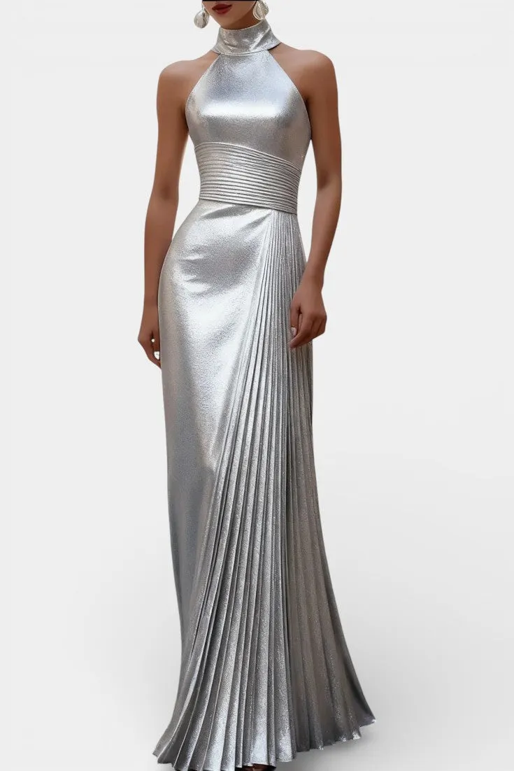 Structured Pleated Halter-Neck Gown