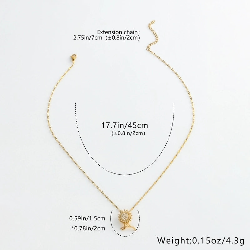 304 Stainless Steel Copper 18K Gold Plated Inlay Sunflower Zircon Pendant Necklace