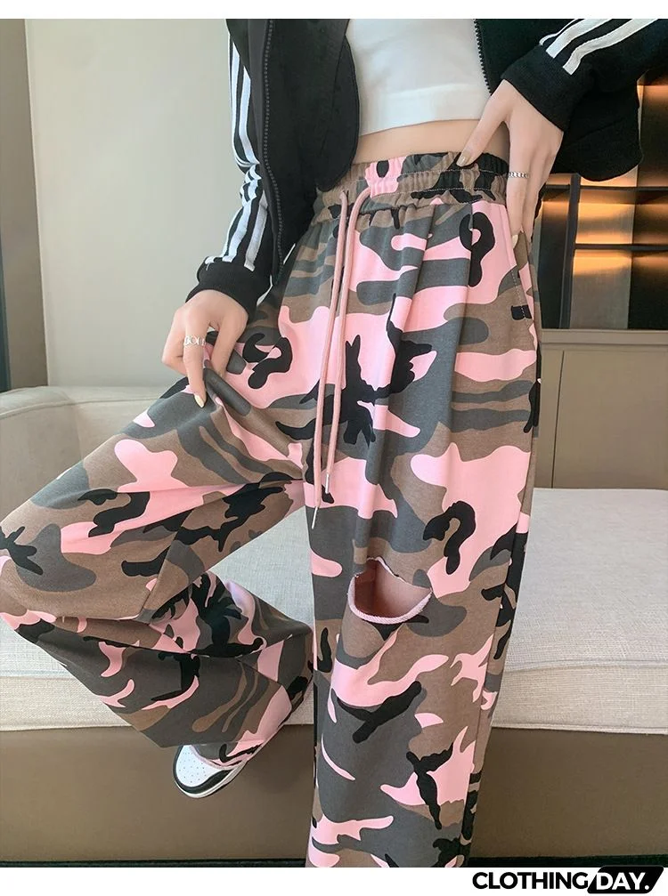 Women Fashion Casual Camouflage Printing Elastic-Waist Straight-Leg Pants