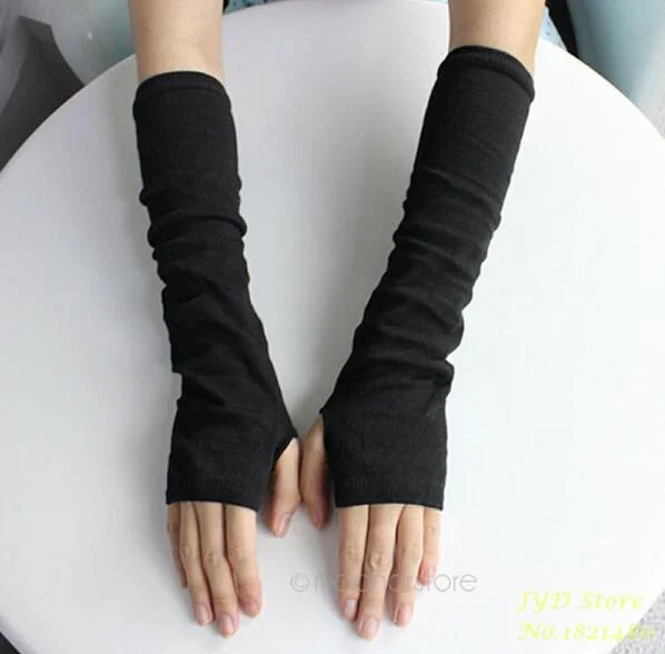 CUHAKCI Knitted Protection Fingerless Long Gloves Women Arm Warmers Solid Warm Mittens Half Finger Sleeves Black