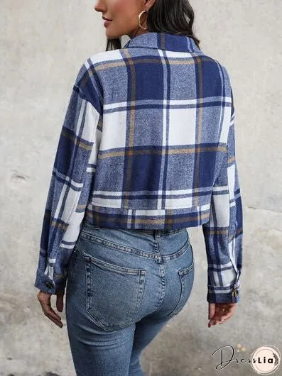 Plaid Button Up Drop Shoulder Cropped Jacket