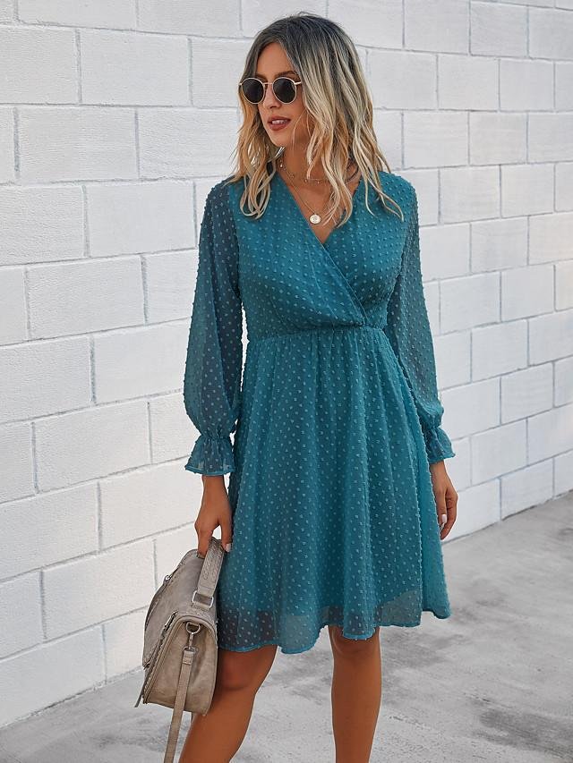Women's A-Line Dress Knee Length Dress - Long Sleeve Solid Color Clothing Fall V Neck Hot Casual Flare Cuff Sleeve Black Blue Wine Army Green S M L XL - VSMEE