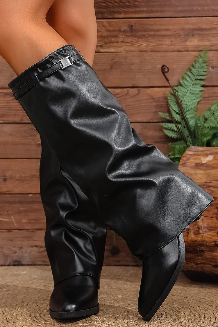 Daily Pointed Toe Folded Slouchy Strap PU Leather Chunky Heel Knee High Boots 2024 - Xpluswear