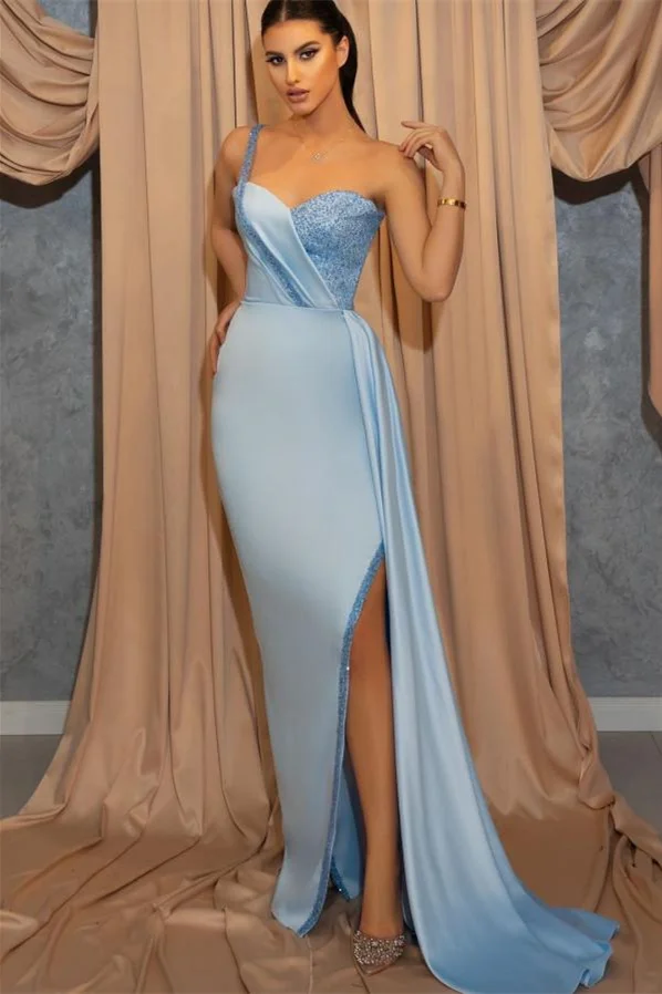 Sky Blue One Shoulder Spaghetti-Strap Split Sweetheart Mermaid Evening Dress With Sequins PD0800