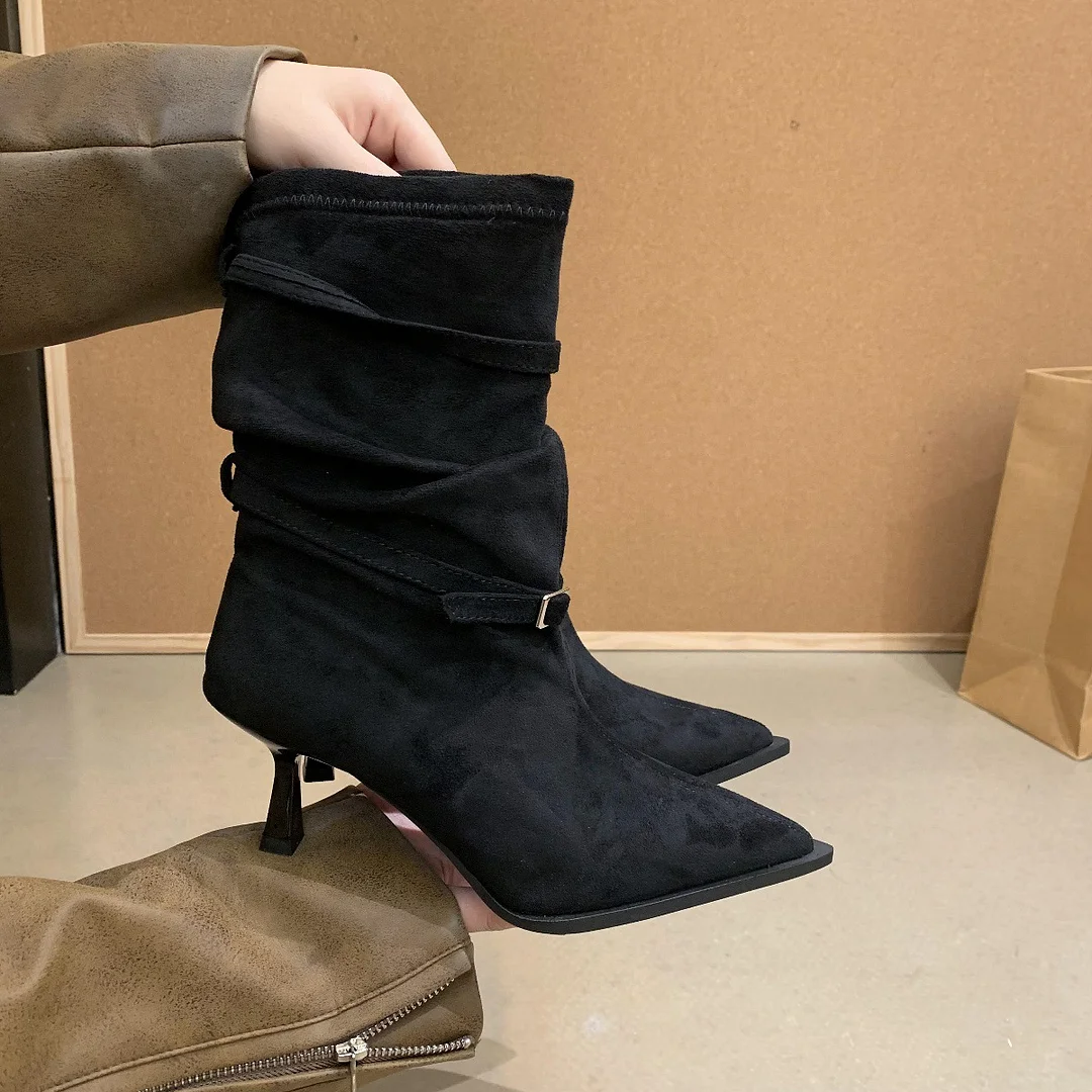 Breakj Breakj Tips High Heels Folding Pile Boots Children 2025 New Belt Buckle Thin Short Boots