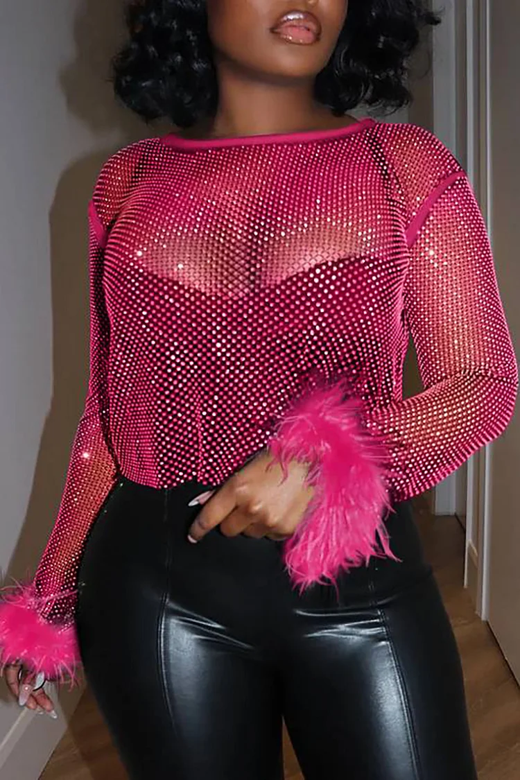 Plus Size Rose Red Party Feather Sheer Sequin Blouse 