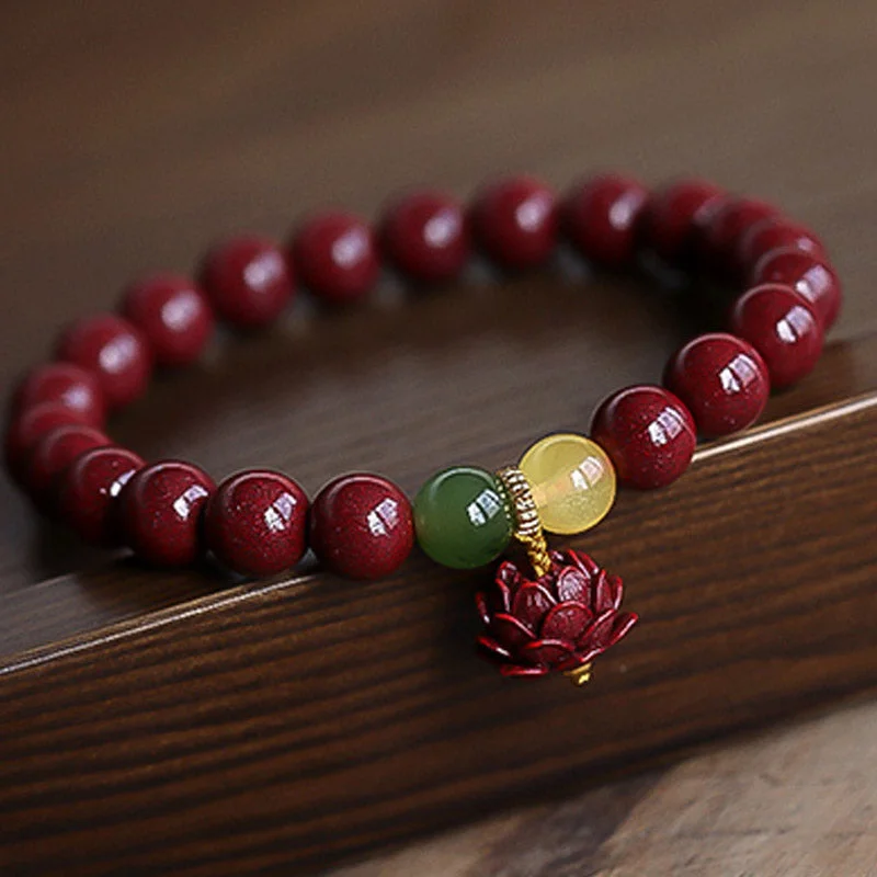 Natural Cinnabar Lotus Luck Blessing Charm Bracelet