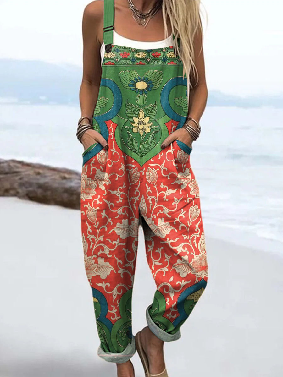 Vintage Flowers Print Casual 100% Cotton Wide Leg Jumpsuit main image 0