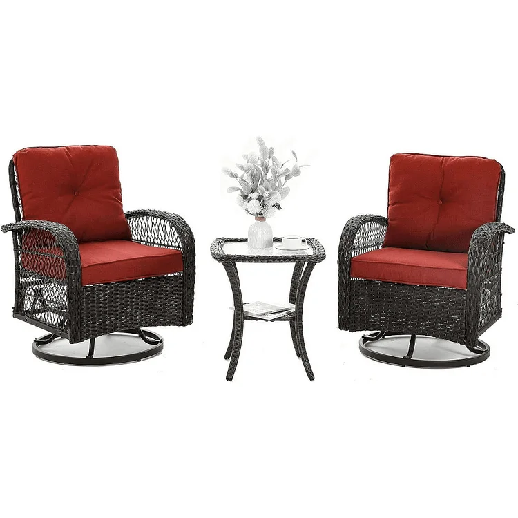 YUSEN 3 Pieces Patio Furniture Set, Outdoor Swivel Gliders Rocker, Wicker Patio Bistro Set with Rattan Rocking Chair, Glass Top Side Table and Thickened Cushions for Porch Deck Backyard