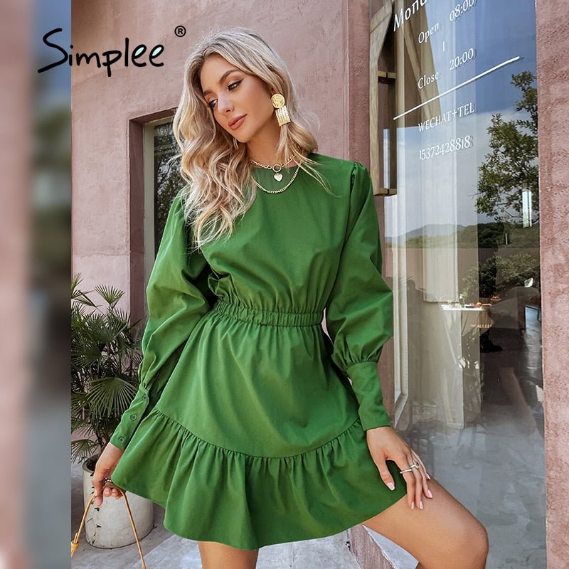 Simplee Elegant lantern sleeves A-line ruffled women dress green Elastic waist o-neck solid mini dresses Female college vestido