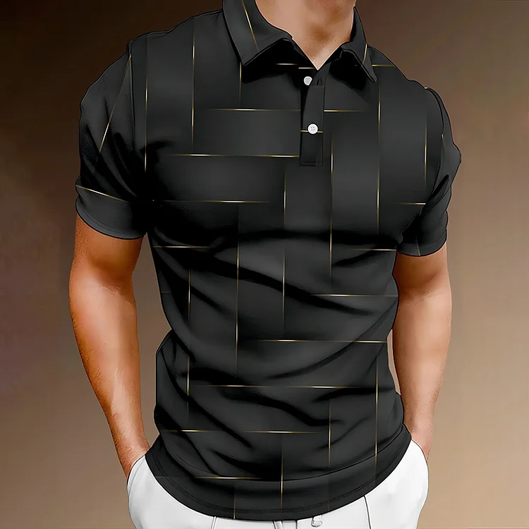 Comstylish Casual Art Collection Gradient Geometric Stripe Pattern Lapel Short Sleeve Polo Polo Shirt