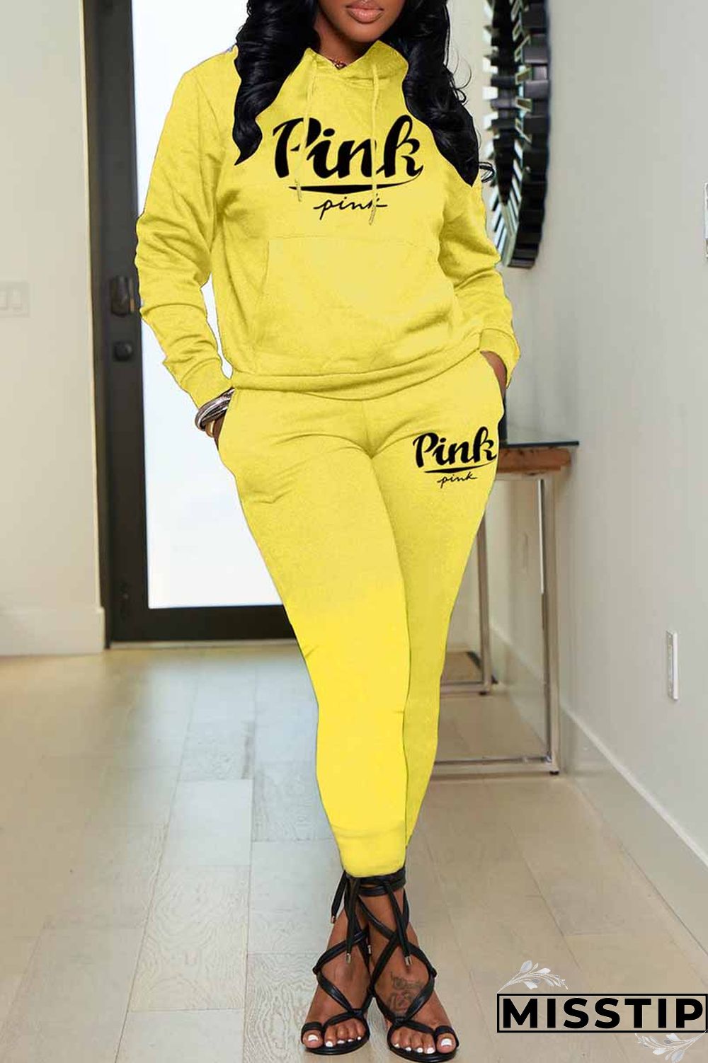 Black Casual Print Letter Hooded Collar Long Sleeve Two Pieces