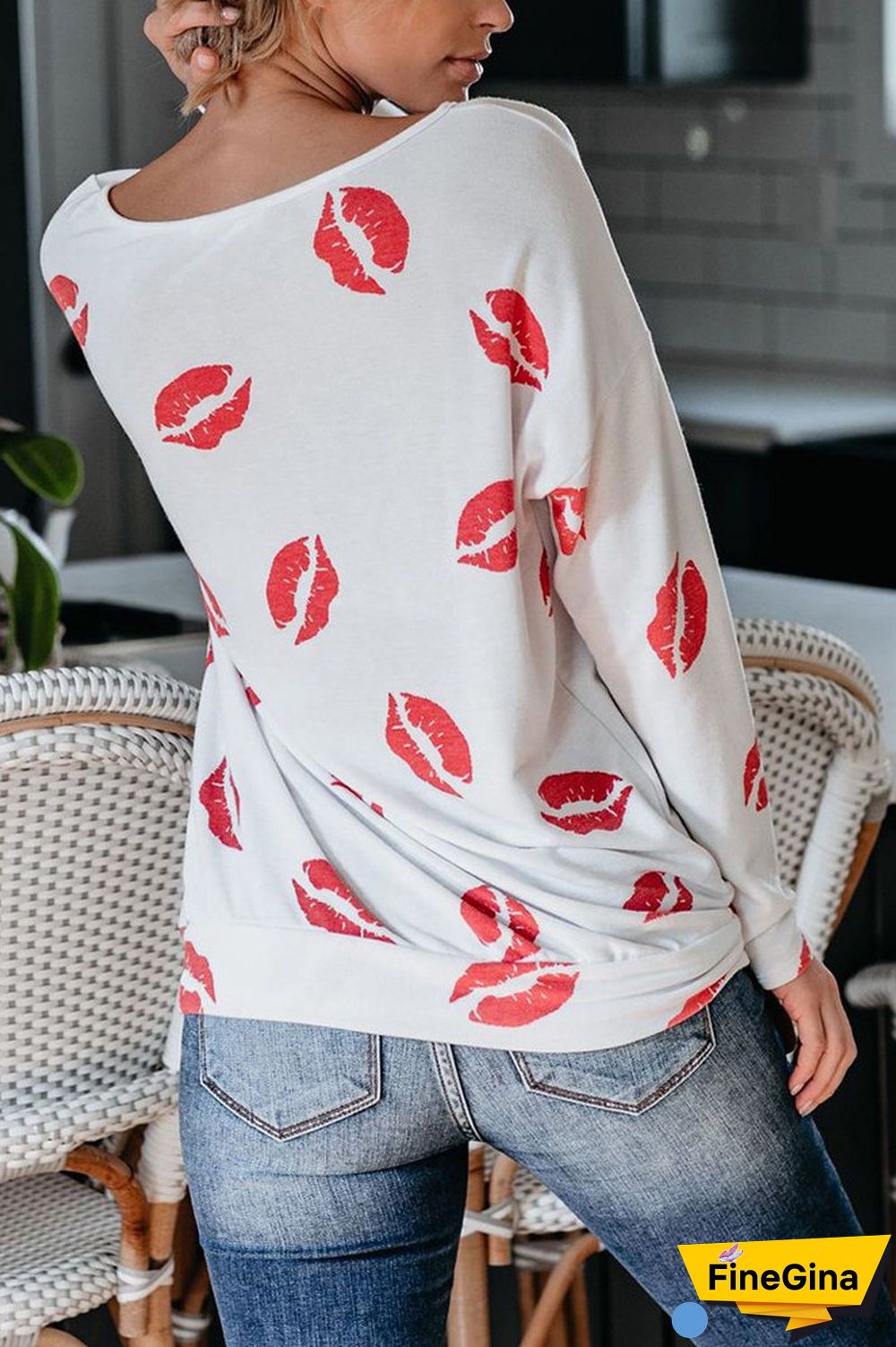 Lip Print Long Sleeve Casual T-Shirt