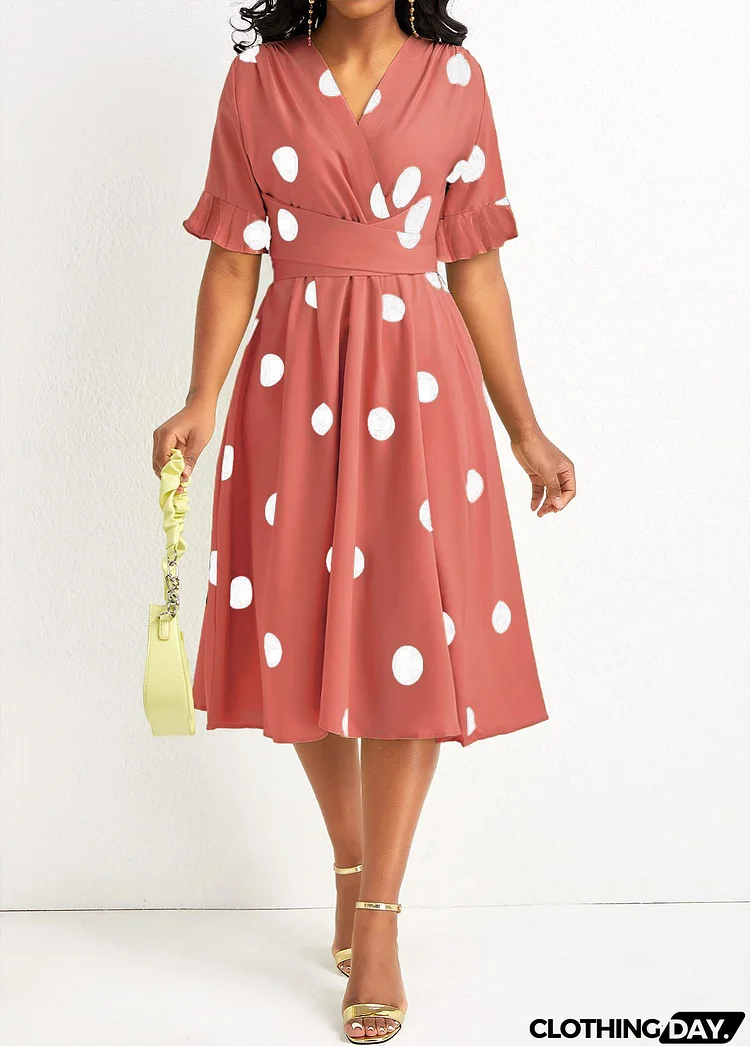 Avocado Green Belted Criss Cross Polka Dot Dress