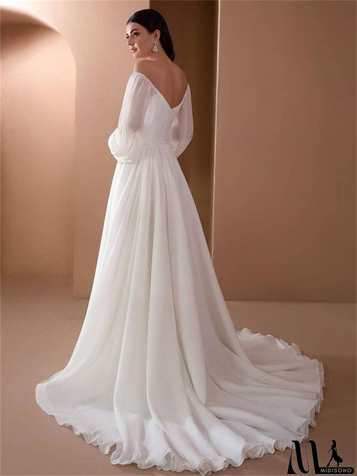 MidiSono - Elegant One Shoulder Long Sleeve White Wedding Dress for Lady