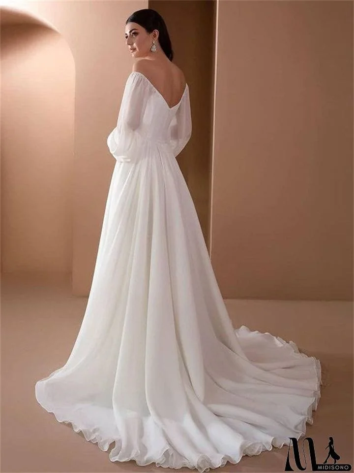 MidiSono - Elegant One Shoulder Long Sleeve White Wedding Dress for Lady