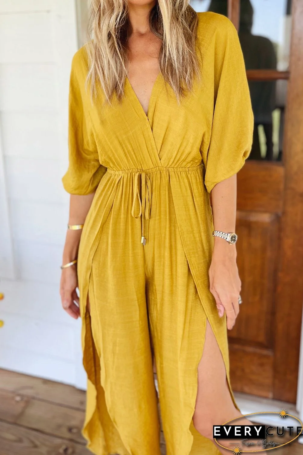 Yellow Surplice V Neck Half Sleeves Slit Leg Jumpsuit