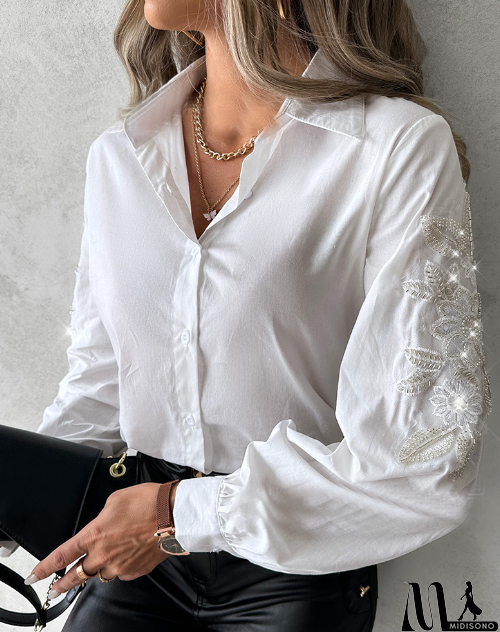 MidiSono - Solid Color Women'S Sweet Embroidered Top