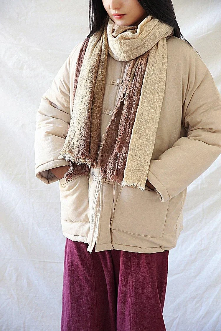 Women Chinese Style Parkas Solid Color Linen Coats Vintage Button Pockets