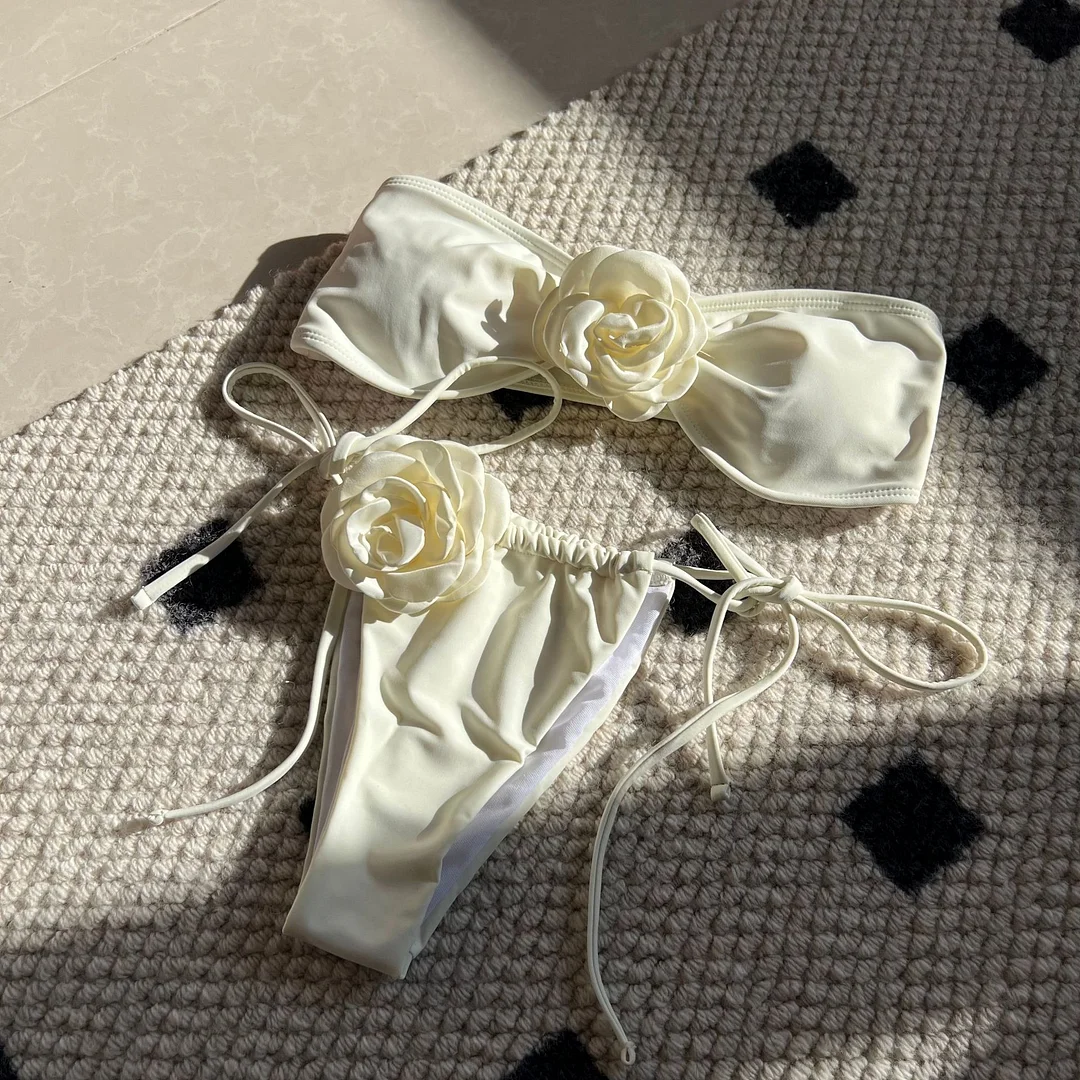 Uveng 2024 New Solid-Colored Rose Breast Drawstring Strap Split Swimsuit Bikini9150