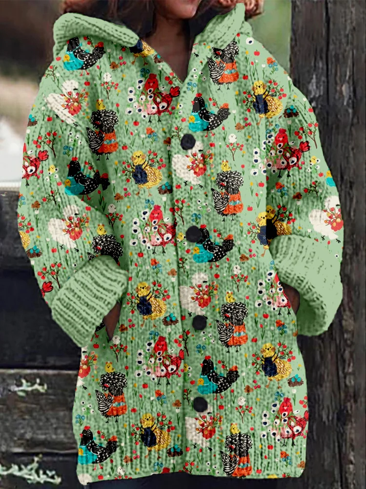 Comstylish Chicken and Flower Vintage Pattern Cozy Hooded Cardigan