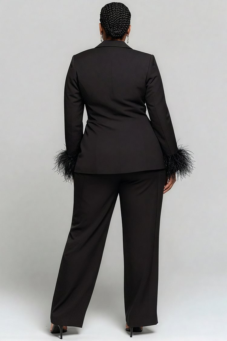 Xpluswear Design Plus Size Formal Black Turndown Collar Long Sleeve Pocket Elegant Feather Two Piece Pant Suits [Pre-Order]