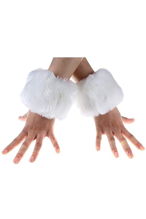 Adult Faux Fur Christmas Wrist Warmers White-elleschic