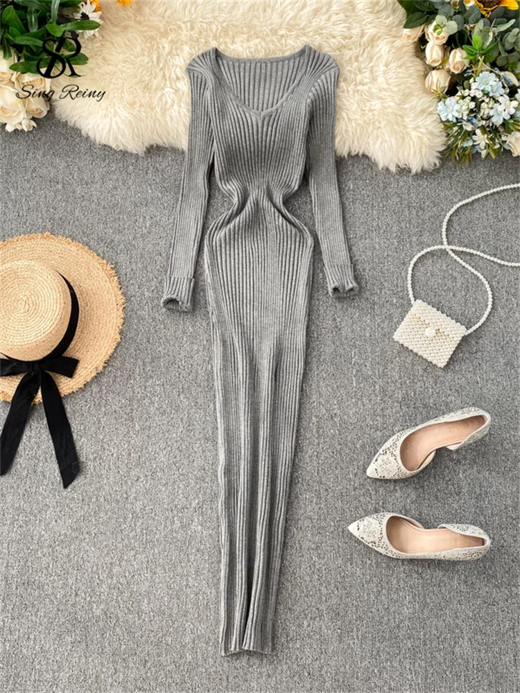 Huibahe Women Autumn Knitted Dress V Neck Sexy Slim Elastic Oversized Basic Bodycon Long Dress Winter knit Warm Sweater Dresses