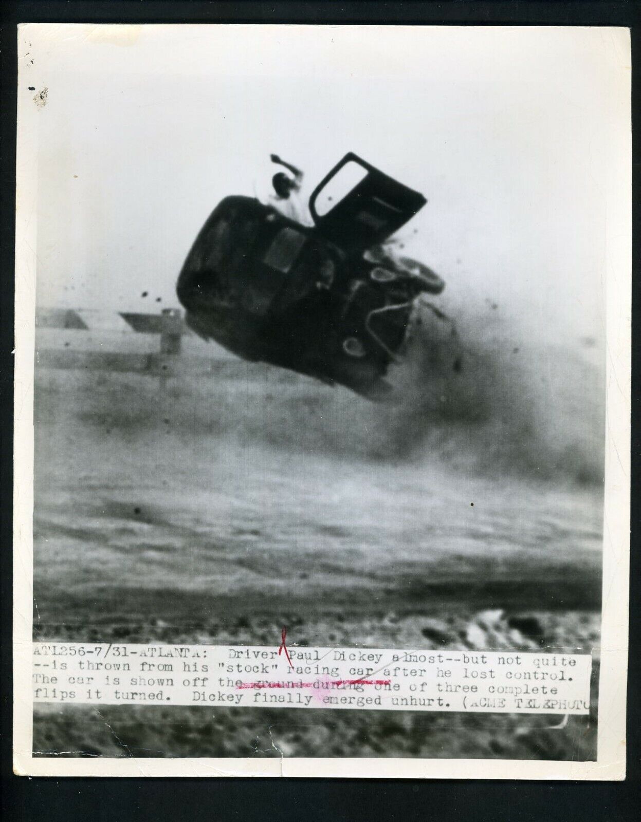 Stock Car Race CRASH at Atlanta 1949 Press Photo Poster painting Paul Dickey