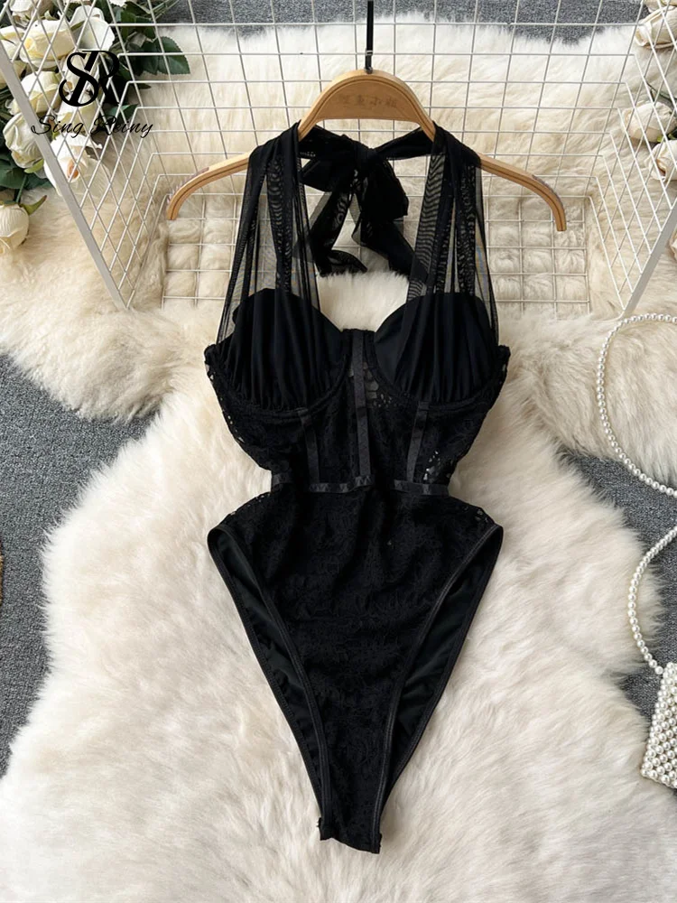 Huibahe Halter Sexy Bodysuits Ladies Lace Floral Slim Short Rompers 2024 Fashion Women Perspective Club Black Playsuits