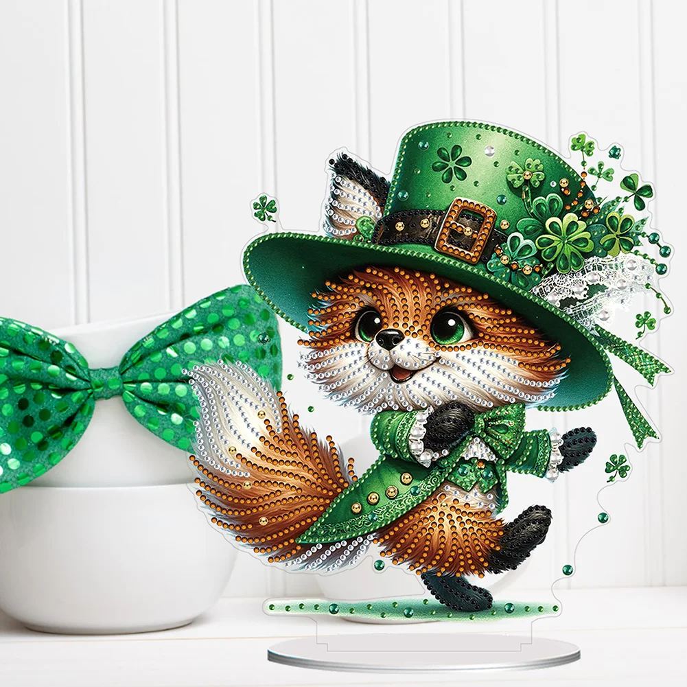 DIY Acrylic St. Patricks Day Fox Special Shape Diamond Painting Tabletop Ornament Creative Home Decor & Gift Idea for Adults - Relaxing Craft Activity
