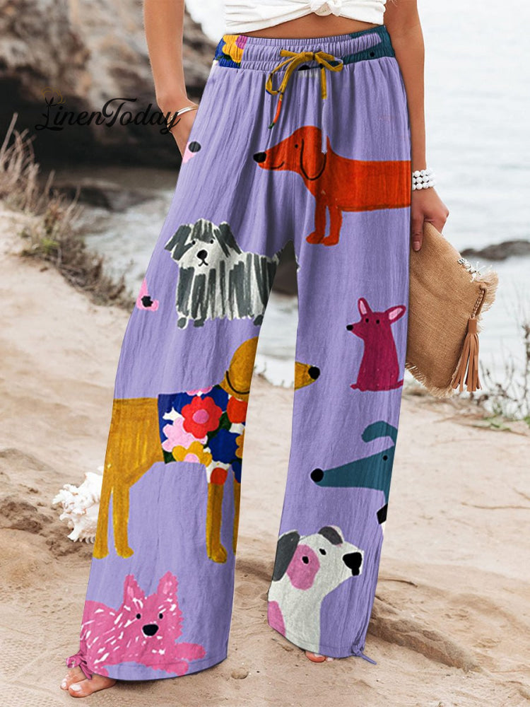 Women’s Dog Art Printed Cotton And Linen Casual Pants Multicolor / S