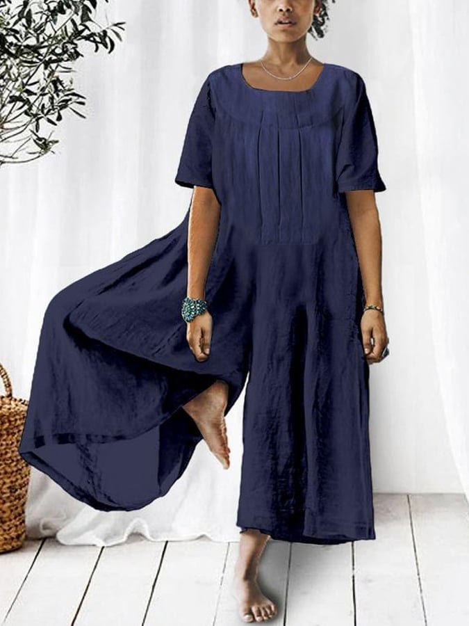 Women'S Solid Color Long-Sleeved Loose Wide-Leg Jumpsuit