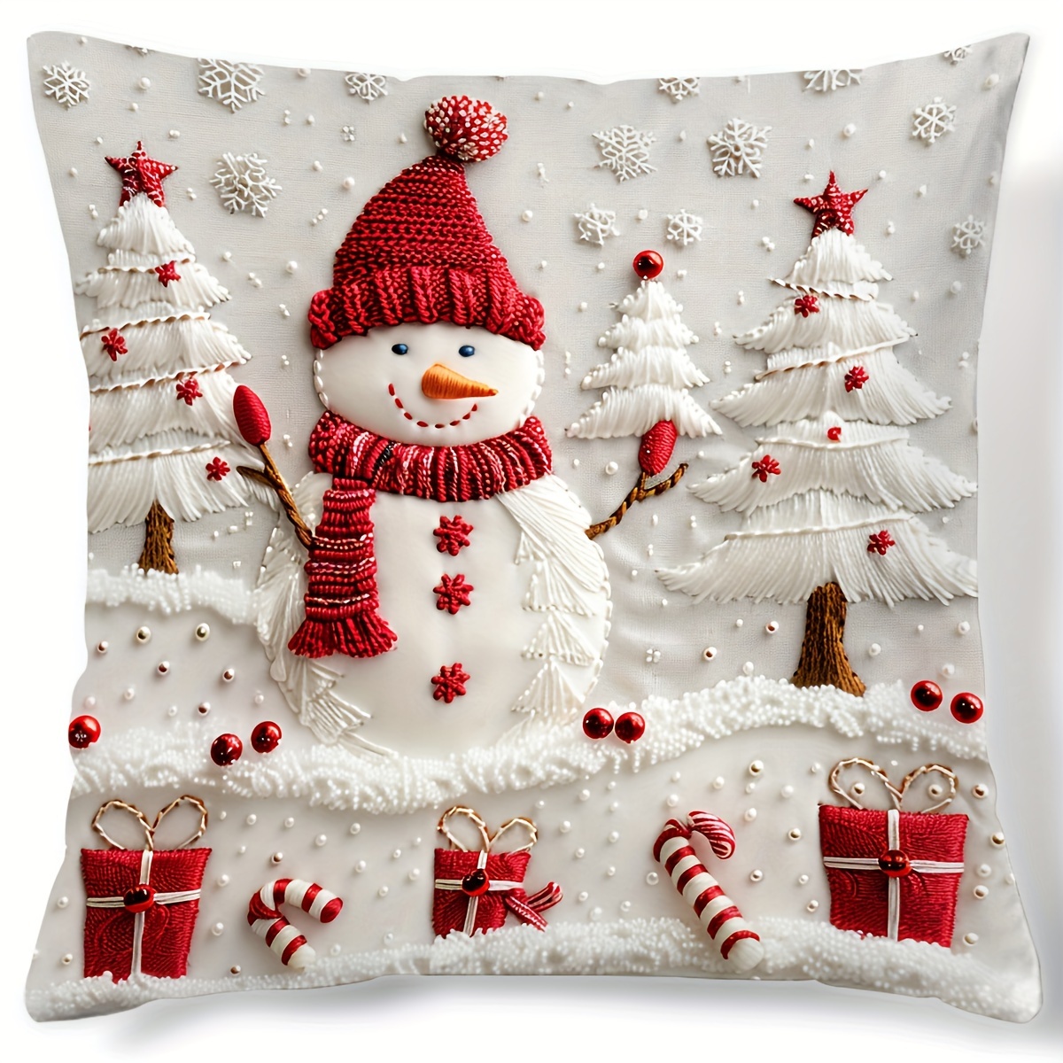 1pc Christmas Snowman and Trees Digital Print Throw Pillow Cover, Contemporary Hand Washable Polyester Cushion Case with Zipper Closure, Woven Festive Design for Various Room Decor, 17.7\