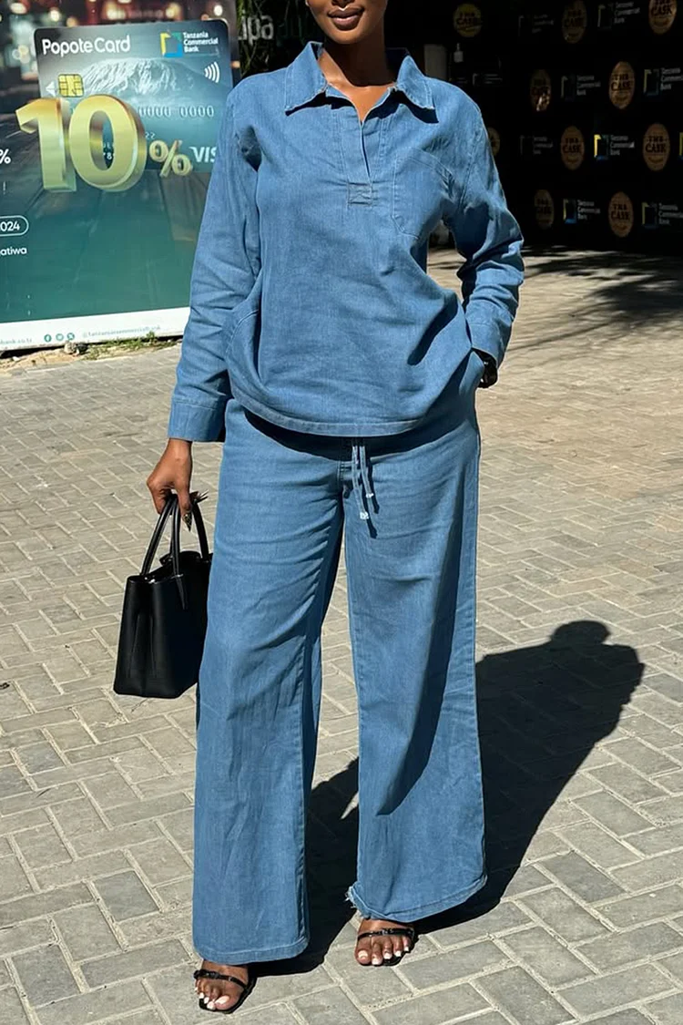 Plus Size Business Casual Blue Shirt Collar Long Sleeve Pocket Casual Tencel Denim Two Piece Pant Sets [Pre-Order]
