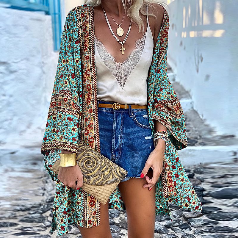 2021 Early Autumn New Bohemian Floral Printed Long-sleeved Mid-length Loose Cardigan